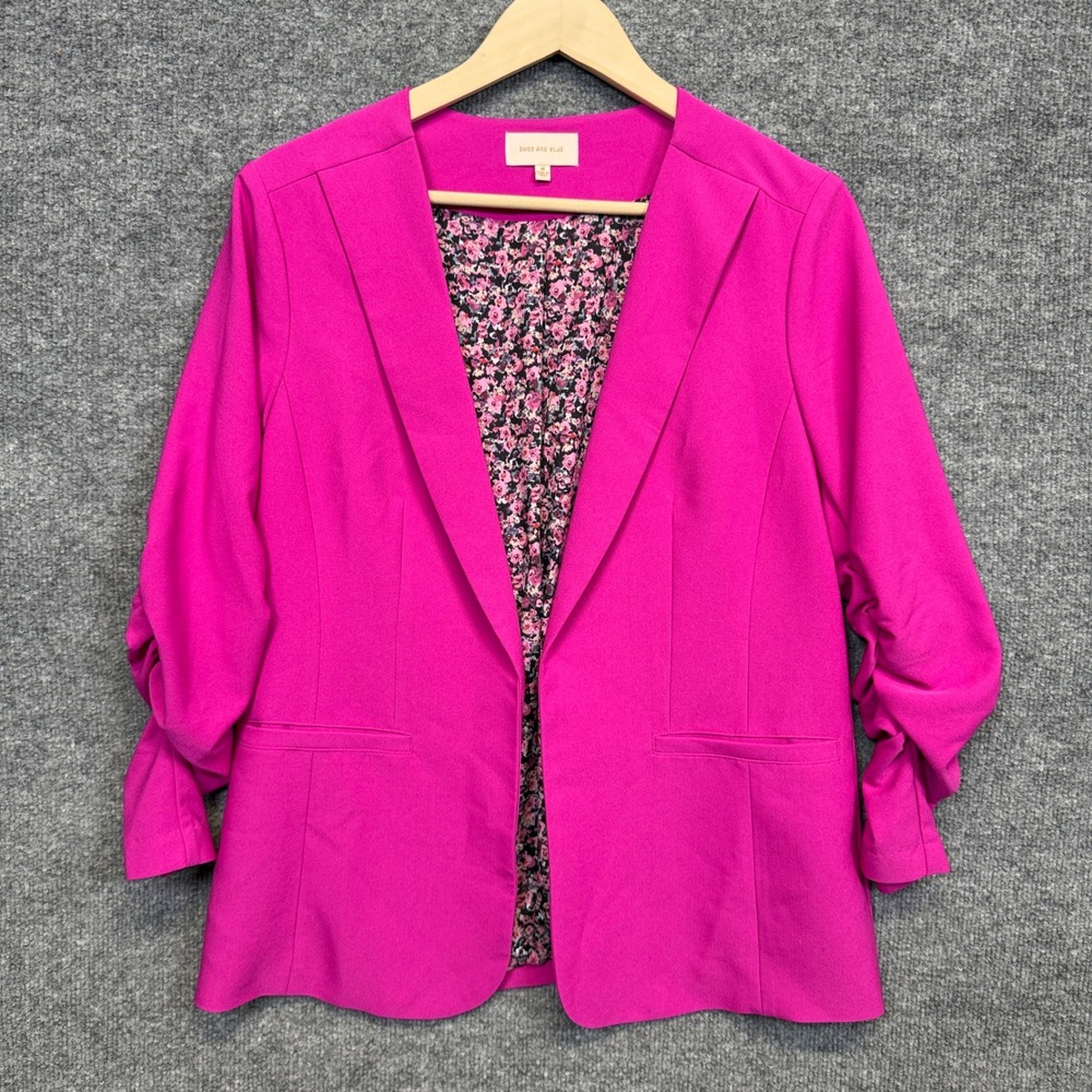 Skies Are Blue Sz Medium Blazer Fuchsia Pink Floral Lined Ruched Sleeves Barbie